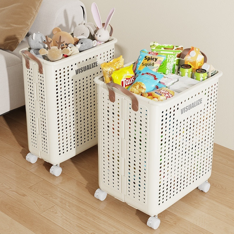 Corbeille à linge pliable et enroulable avec roulettes