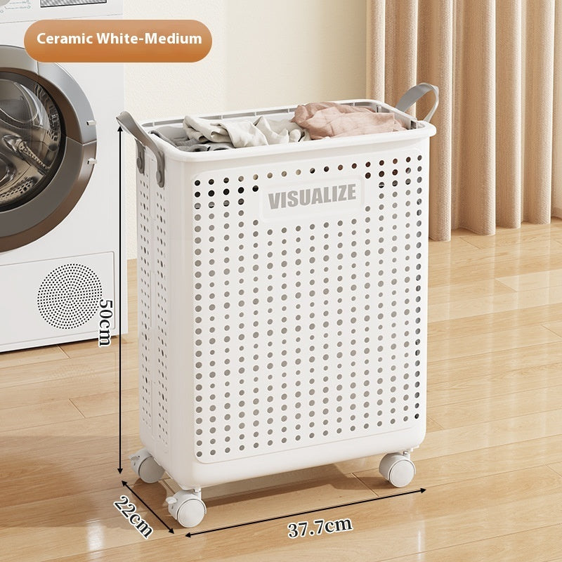 Corbeille à linge pliable et enroulable avec roulettes