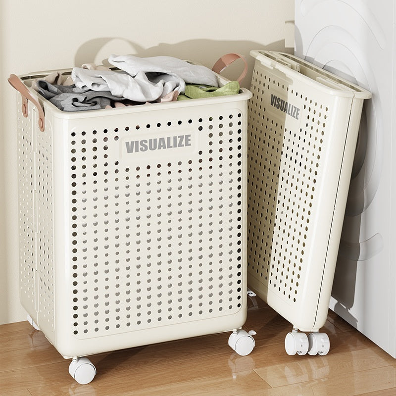Corbeille à linge pliable et enroulable avec roulettes