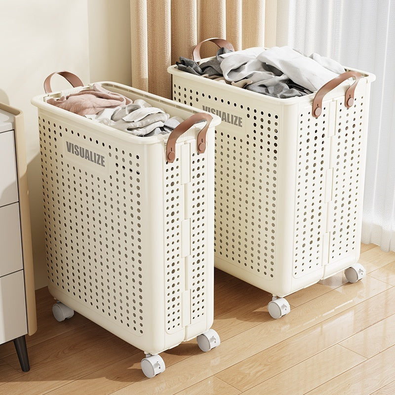 Corbeille à linge pliable et enroulable avec roulettes