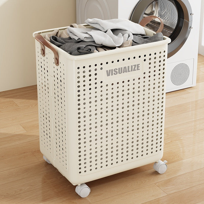 Corbeille à linge pliable et enroulable avec roulettes