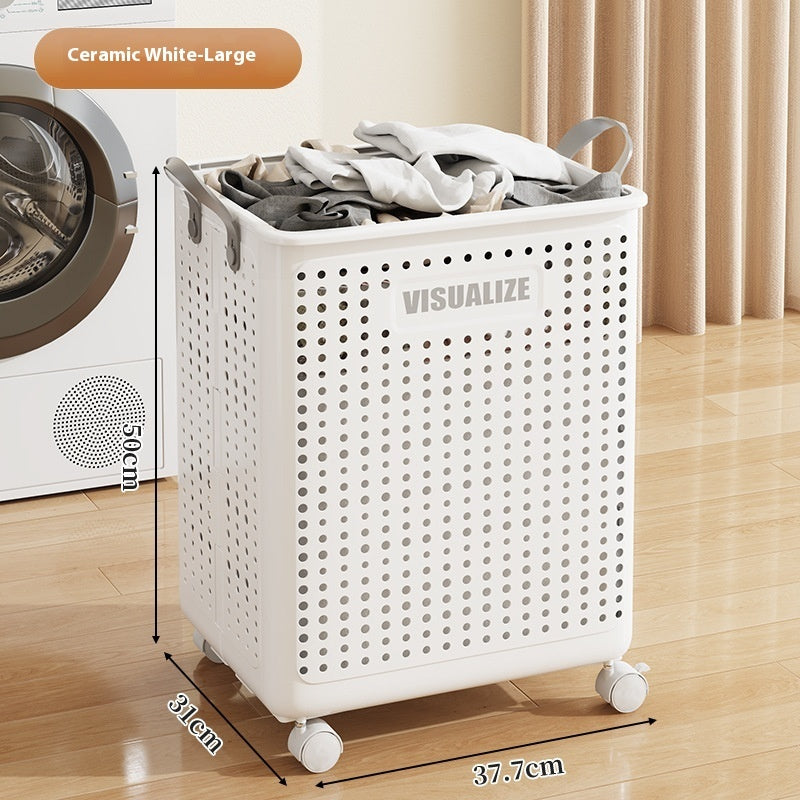 Corbeille à linge pliable et enroulable avec roulettes