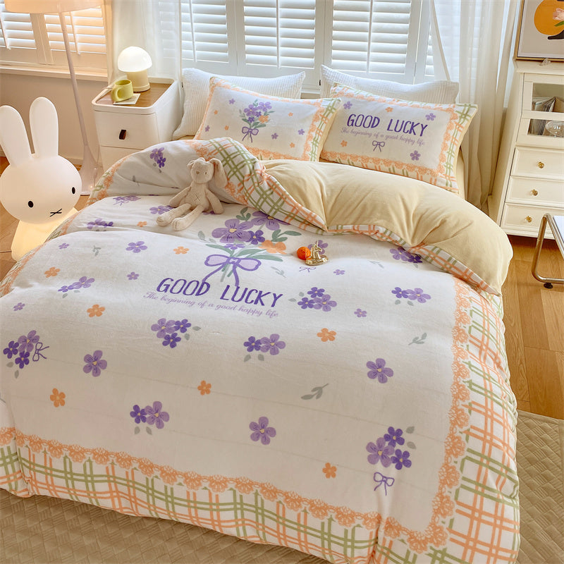 Cute Cartoon Milk Velvet Bedding Set Of Four