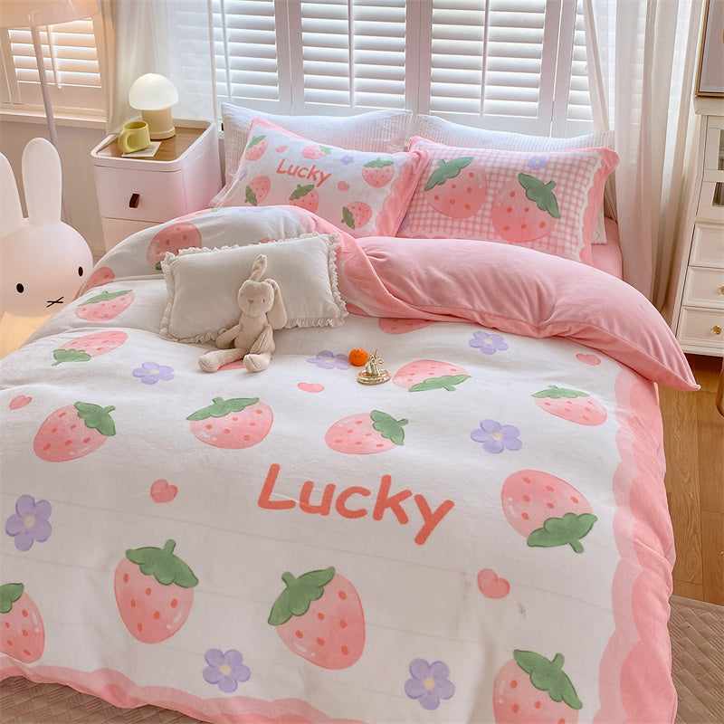 Cute Cartoon Milk Velvet Bedding Set Of Four