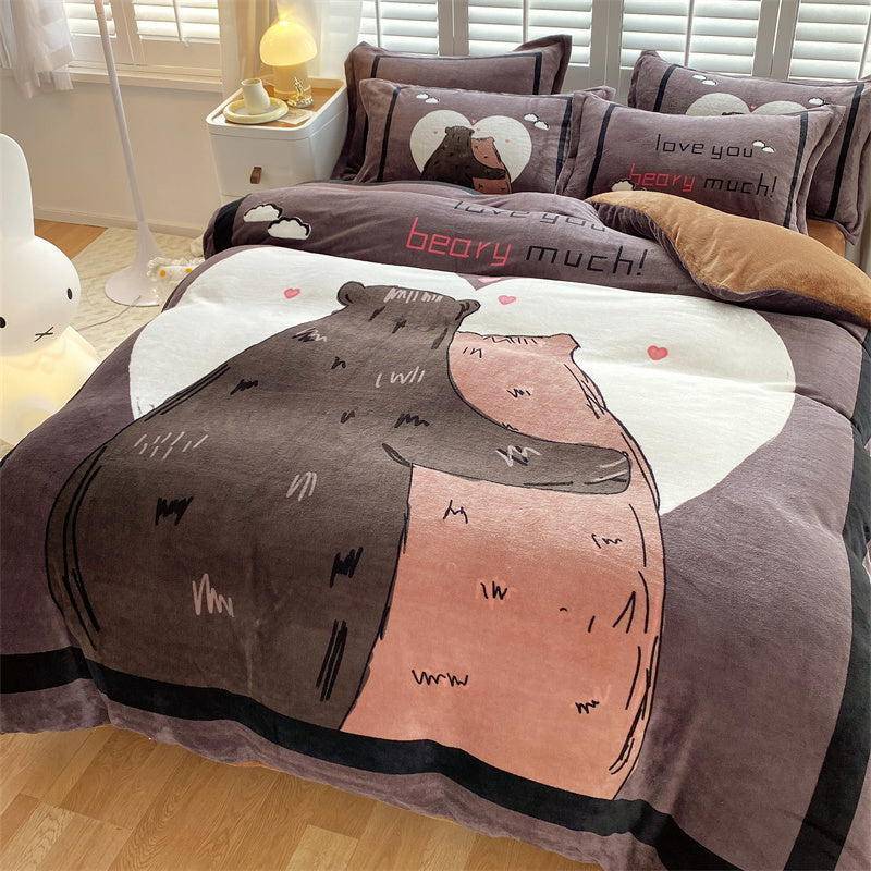 Cute Cartoon Milk Velvet Bedding Set Of Four