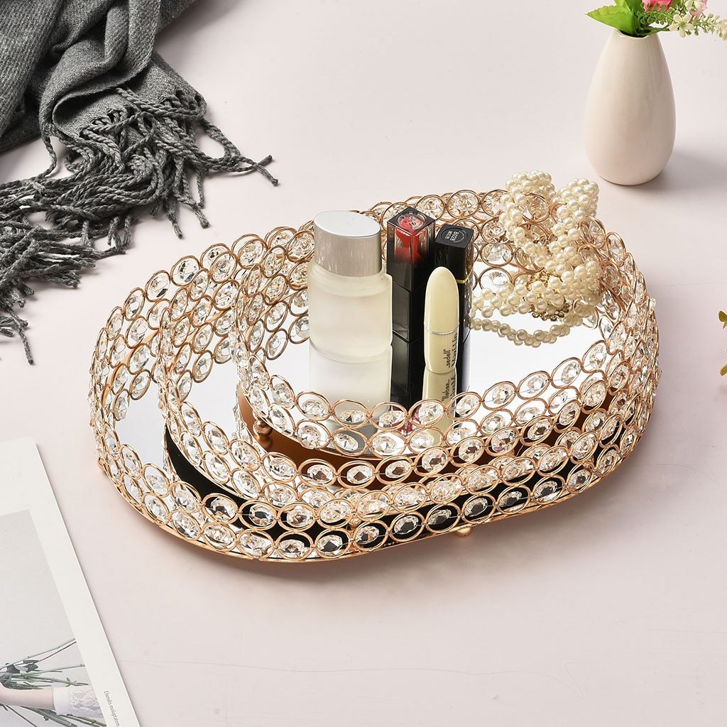 Nordic light luxury metal oval tray European-style electroplating crystal.